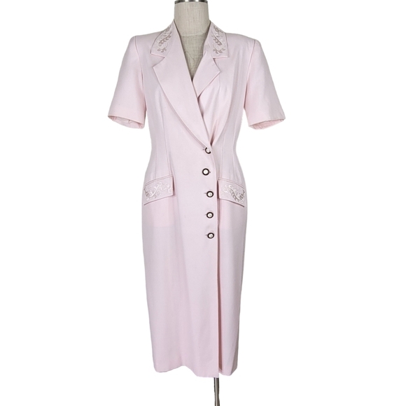 Kasper ASL Midi Dress Size 10 Pink Offset Button Front Embroidered Short Sleeve - Picture 1 of 16